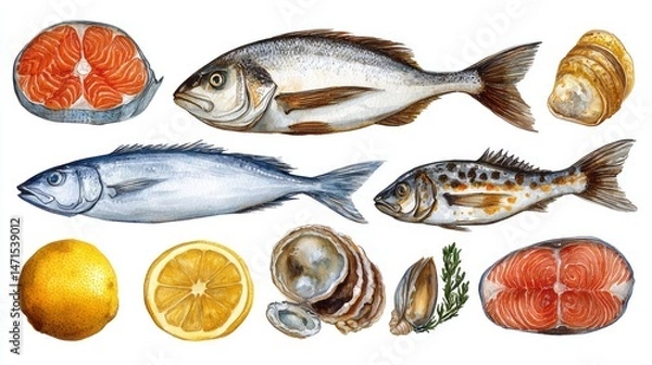 Obraz Colorful illustration of various fresh seafood and citrus fruits.