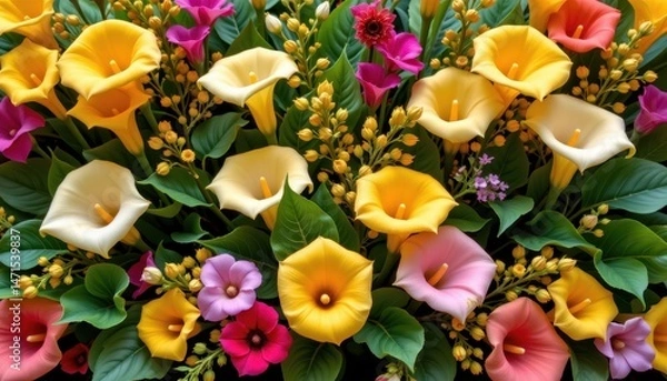 Fototapeta a vibrant floral arrangement in a vase. the flowers are of various types and colors, including yellow, orange, pink, purple, and white