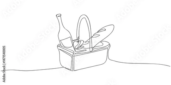 Fototapeta Continuous line drawing picnic basket with wine and baguette on white background. Food minimalism illustration.