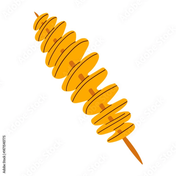 Fototapeta Tornado potato on wooden stick, fried crispy spiral chips. Design for menu street cafe or packages fast food takeaway. Vector realistic illustration with lettering.