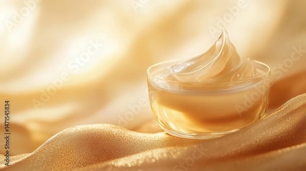 Fototapeta A creamy substance in a glass bowl on a soft, golden fabric background.