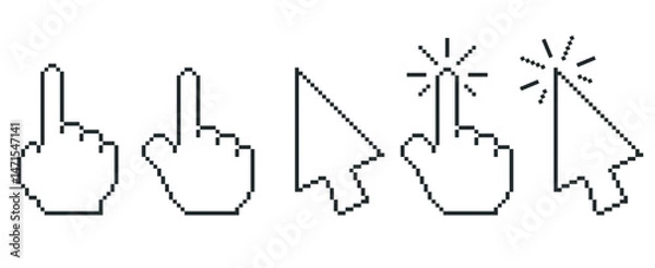 Fototapeta Set of computer cursors arrows and hands in pixel style. Mouse click icons, pointers on white background.