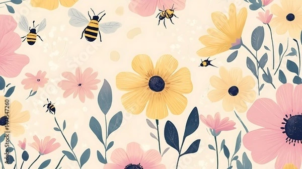 Fototapeta Bees  Flowers Spring Floral Pattern.