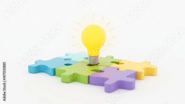 Fototapeta Colorful Puzzle Pieces with Light Bulb Symbolizing Ideas and Creativity Concept