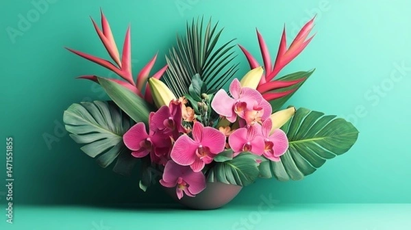 Fototapeta Tropical Flower Arrangement with Teal Background.