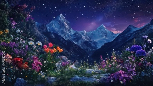 Obraz A vibrant landscape featuring colorful flowers and majestic mountains under a starry sky.