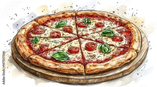 Obraz Hand-drawn illustration of a delicious pizza on a wooden board.