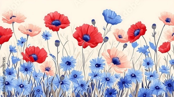 Obraz Red with Pink, and Blue Poppies Meadow.