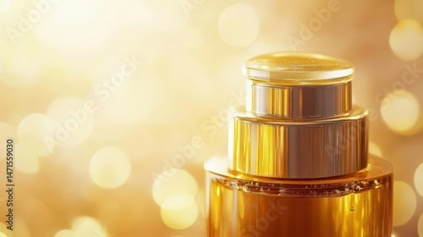 Obraz A close-up of a luxurious golden cosmetic bottle against a shimmering background.