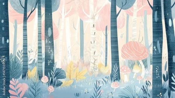 Obraz A whimsical forest scene with pastel colors, featuring trees, mushrooms, and foliage.