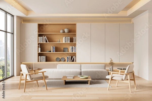 Fototapeta Modern minimalist living room interior with light wood furniture, built-in shelving, and neutral tones in a bright cozy apartment space. 3D Rendering