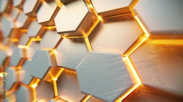 Fototapeta A close-up view of illuminated hexagonal panels, creating a modern, geometric design.