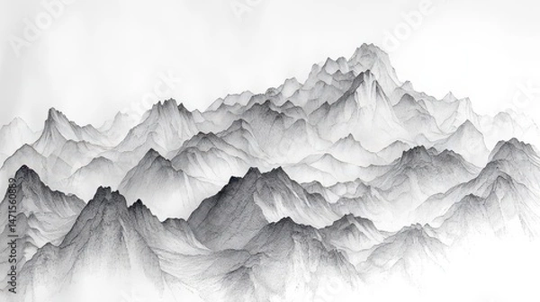 Obraz A monochromatic mountain landscape illustration showcasing intricate details and depth.