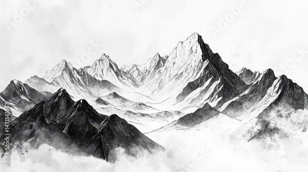 Obraz Monochrome mountain landscape illustration showcasing peaks and valleys in a dramatic style.
