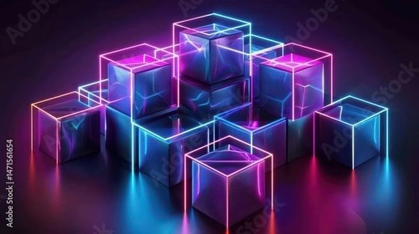 Obraz A vibrant arrangement of illuminated cubes in neon colors on a reflective surface.