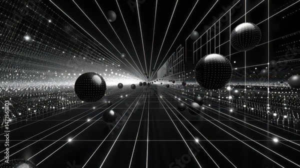 Obraz Abstract black and white design featuring spheres and lines, creating a sense of depth.