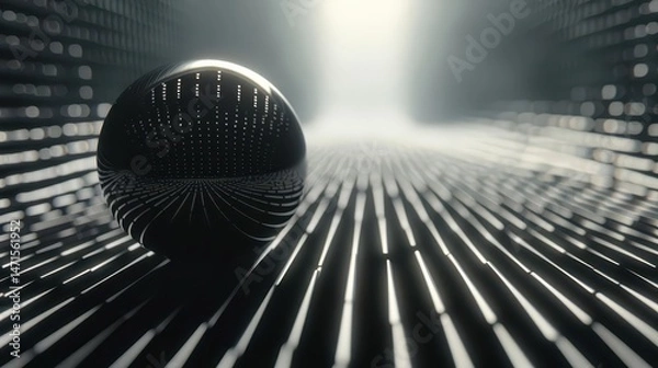 Obraz A reflective sphere amidst a grid of light and shadows, creating a futuristic ambiance.