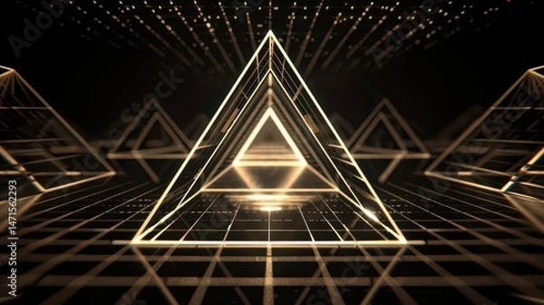 Obraz A futuristic scene featuring glowing pyramids in a dark, grid-like environment.