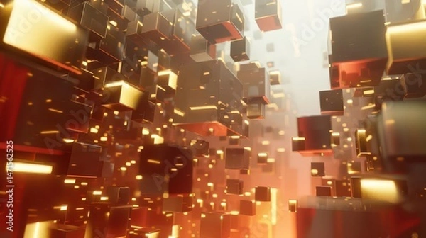 Obraz Abstract 3D representation of floating golden and red cubes with glowing particles.