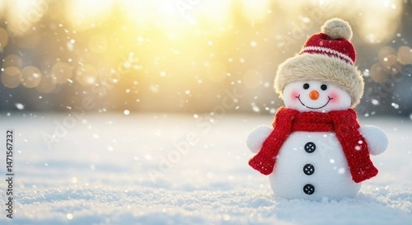 Fototapeta A Cheerful Snowman Stands In A Snowy Landscape With Falling Snow And A Bright Sunny Glow Behind It
