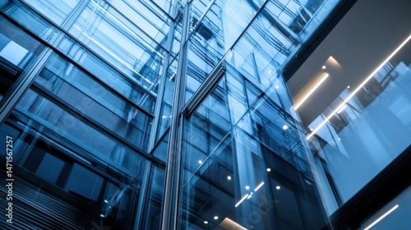 Fototapeta Modern glass skyscraper interior, showcasing sleek metallic framework and reflections of light, creating a dynamic, abstract architectural composition. : Generative AI