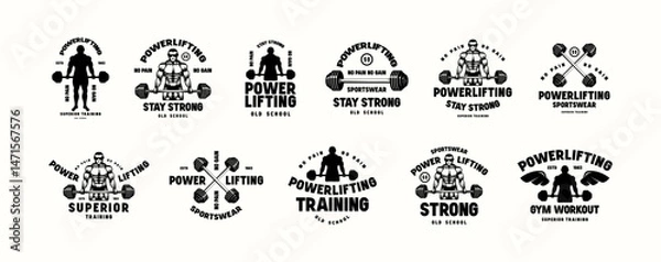 Fototapeta Set of emblems with powerlifter silhouette. Gym, workout, bodybuilding and athletic  theme. Graphic design for t-shirt. Black print on white background