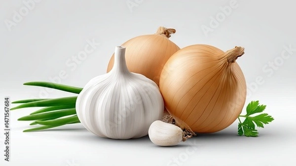 Obraz Realistic Onions on Plan white Background