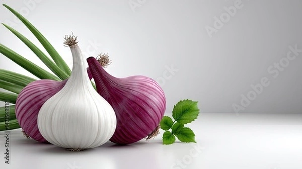 Obraz Realistic Onions on Plan white Background