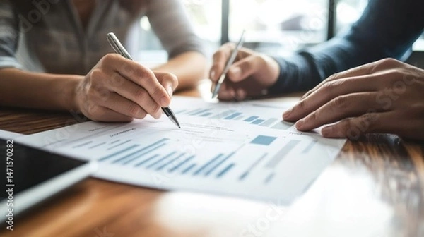 Fototapeta Close-up view of two hands attentively reviewing financial documents, pens in hand, signifying collaboration and detailed analysis of business data. : Generative AI