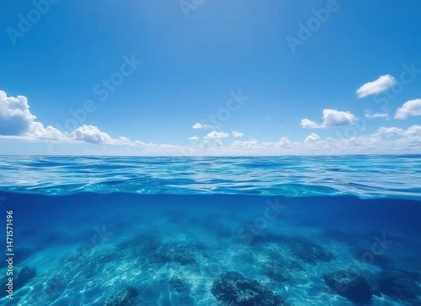 Obraz Stunning underwater view of a vibrant ocean scene, showcasing a crystal-clear surface with cumulus clouds and a sunlit seabed below. : Generative AI