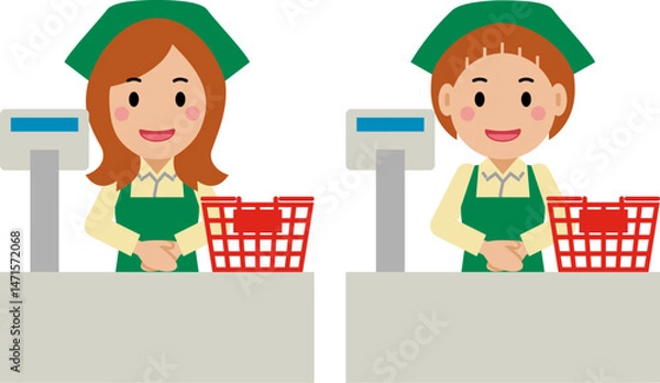 Fototapeta 笑顔でレジに立つ緑エプロンの若い女性。その2