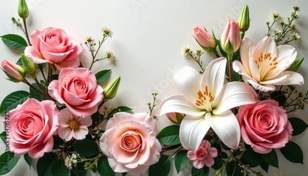 Fototapeta Elegant wedding floral arrangement with roses, lilies, and greenery , greenery, autumn