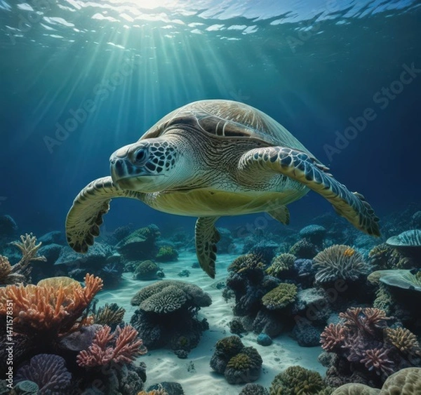 Fototapeta Majestic green sea turtle explores a dazzling coral garden in a deep blue ocean ,  tropical,  animal,  habitat