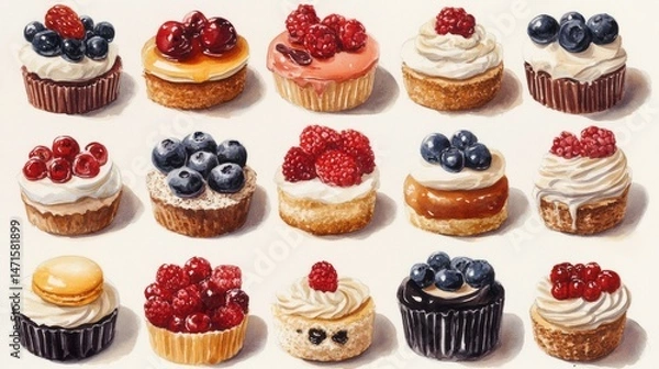 Obraz Colorful dessert pastries arranged in a grid pattern.
