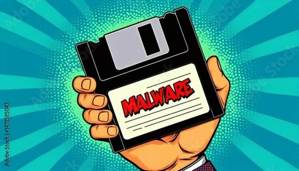 Fototapeta floppy disk malware warning danger malicious software label security threat virus vintage retro pop art