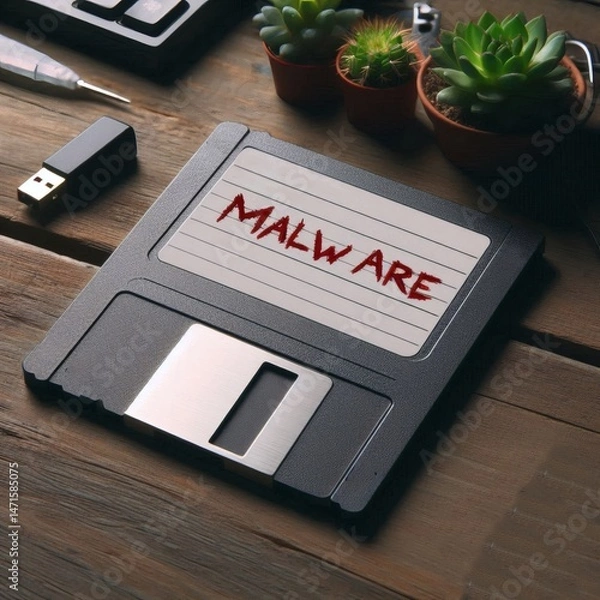 Fototapeta floppy disk malware warning danger malicious software label security threat virus vintage retro