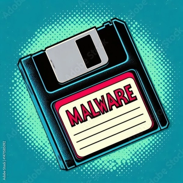 Fototapeta floppy disk malware warning danger malicious software label security threat virus vintage retro pop art