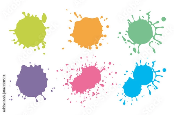 Obraz Paint splatter drops. Colorful ink spray, bright paint blots, abstract paint splashes flat vector illustration set. Paint splash isolated on white background. Splash splatter abstract shape.