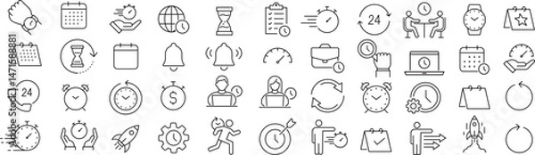 Obraz ベクターでモノクロのタイムスケジュールに関する線画アイコンセット
