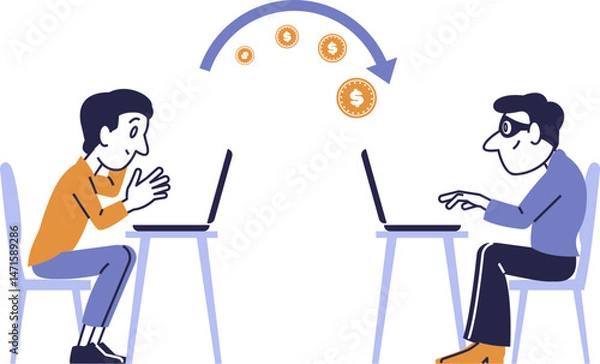 Fototapeta Vector flat illustration depicting a fraudulent online transaction between two users.