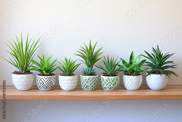 Fototapeta Seven potted succulents and houseplants on a shelf, in decorative pots