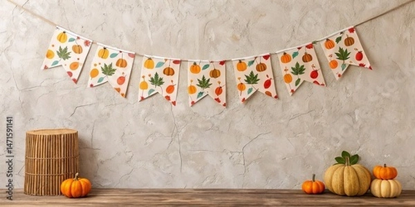 Fototapeta Autumn-themed decorative banner with pumpkins on wooden table  