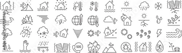 Fototapeta ベクターでモノクロの災害に関する線画アイコンセット

