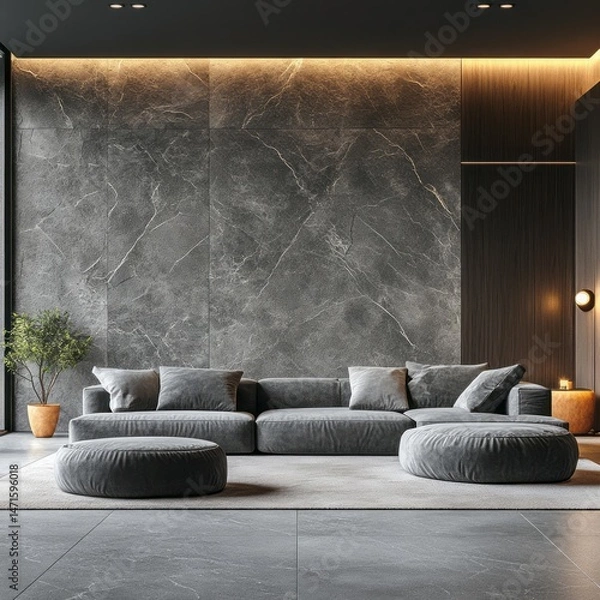 Obraz Modern living room interior design with a sophisticated gray palette.