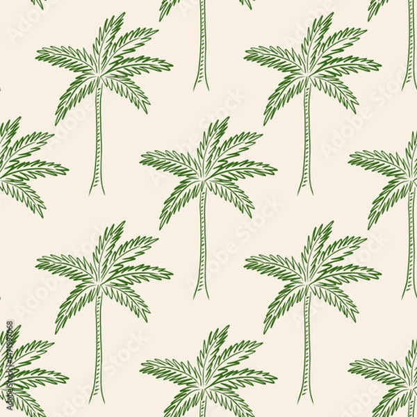 Fototapeta Seamless pattern with tropical palm tree in sketch style. Line art. Hand darwn green coconut palm, jungle plants. Summer vacation background. Beach print, botanical wallpaper. Vector illustration.