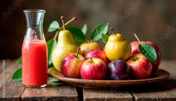 Obraz Freshly squeezed fruit juice from apples, pears and plums in a rustic setting, healthy eating concept.