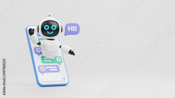 Obraz Chatbot AI Artificial Intelligence technology virtual conversation assistant support mobile smart phone online application chatting with customer service automatic answering. 3d rendering.