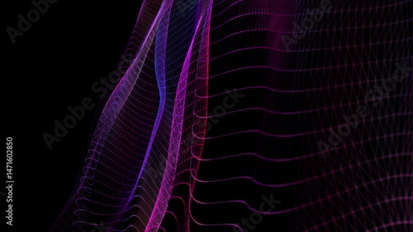 Fototapeta Abstract background with grid triangles wavy on in dark cyberspace. Concept dynamic data analysis in cyber quantum continuum. For technology, science and data visualization DOF.