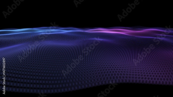 Fototapeta Abstract background wavy lines from dots in dark cyberspace. Digital technology concept data analysis.  Big data. Abstract wave with purple particles and DOF.