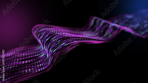 Fototapeta Dots big data on wavy way flow quantum computing. Technology transmission information in waves color  grid cyberspace. Futuristic digital data stream in dark.